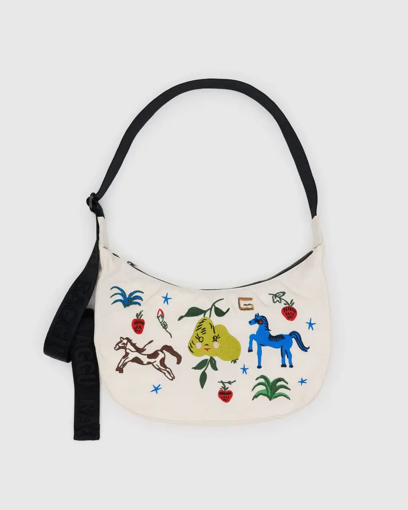 BAGGU - Medium Nylon Crescent Bag - Embroidered Painted Prairie