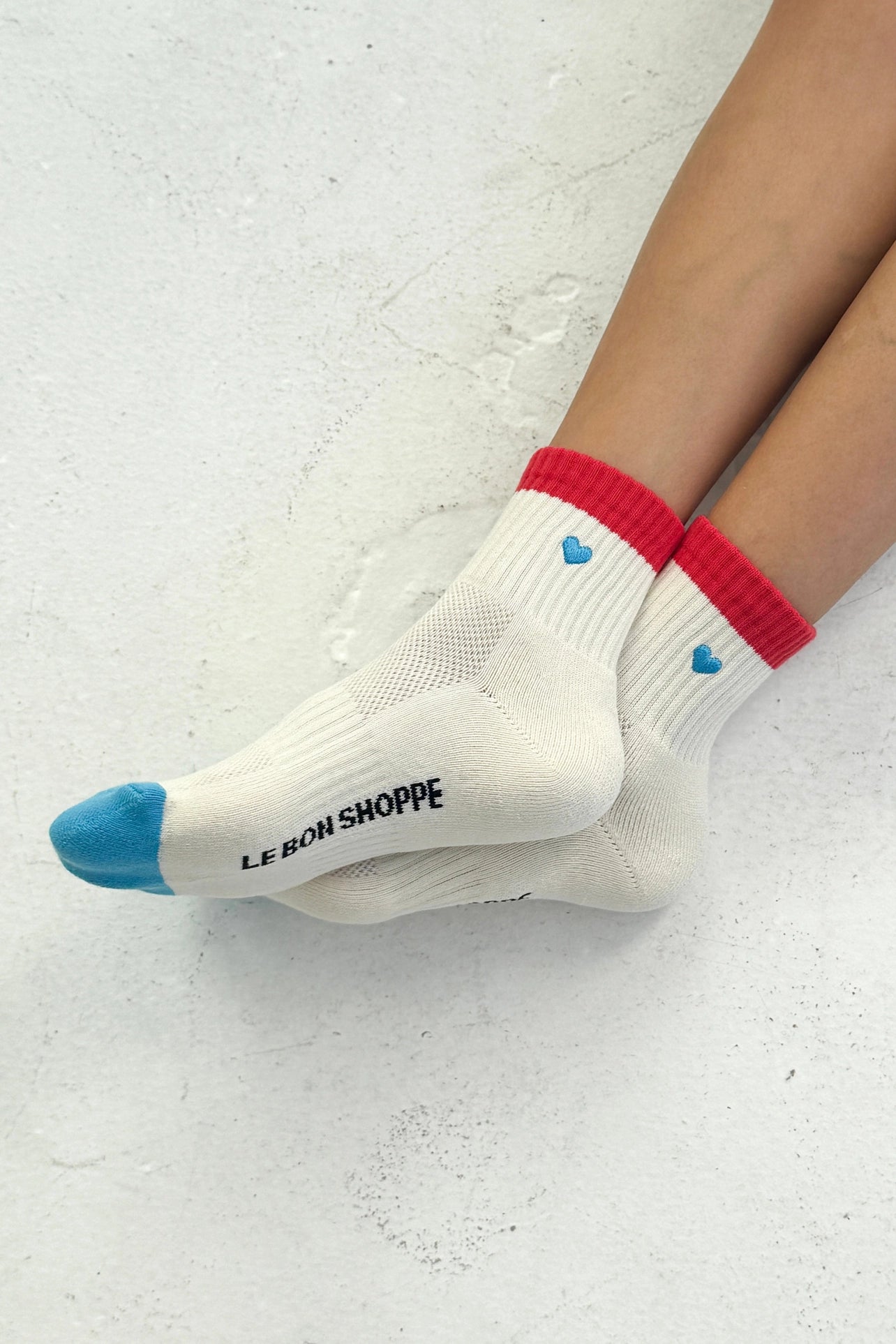 LE BON SHOPPE - Embroidered Color Block Girlfriend Socks - BLUE RED + HEART